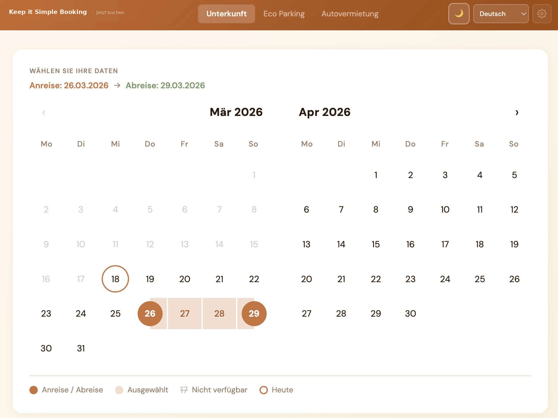KISB Buchungskalender Gästeansicht